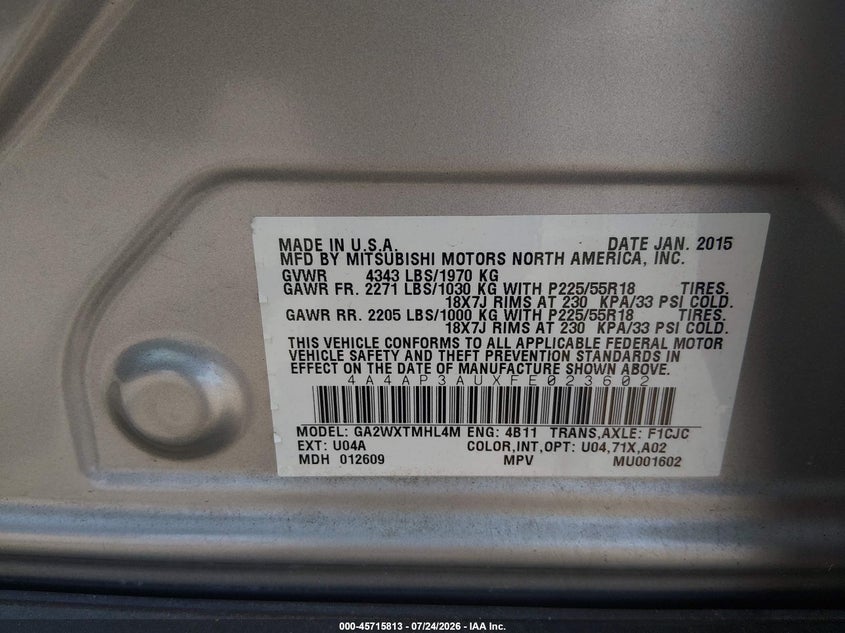 2015 Mitsubishi Outlander VIN 4A4AP3AUXFE023602 IAAI salvage auction — FRONT END, Salvage Title, sold $1,200 on 2026-08-21 (photo 9)