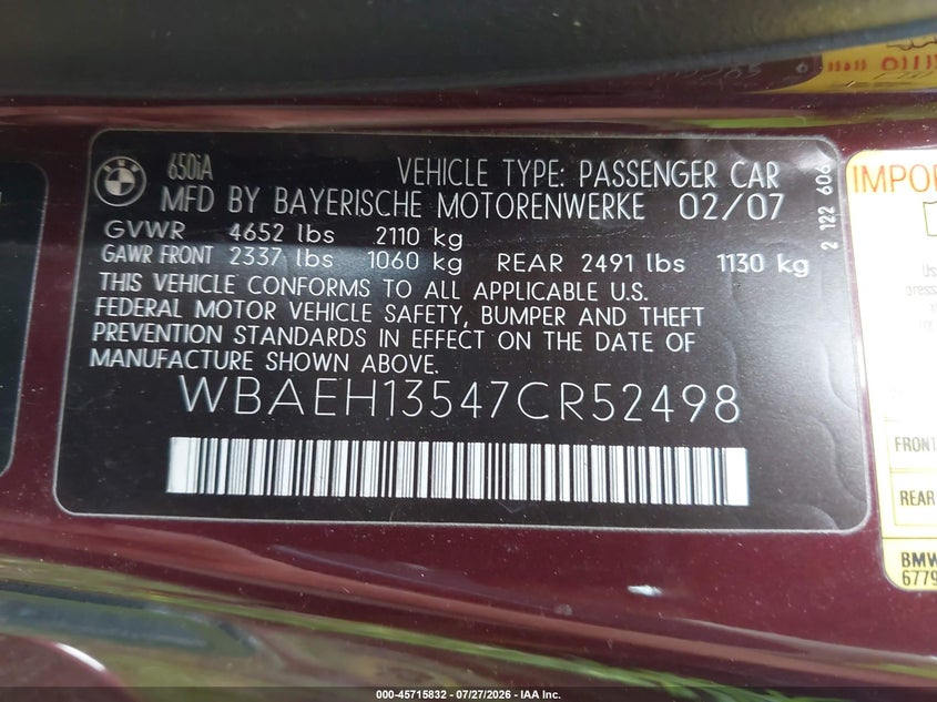 2007 BMW 6 series VIN WBAEH13547CR52498 IAAI salvage auction — NORMAL WEAR, Clear (New York), sold $75 on 2026-07-30 (photo 9)