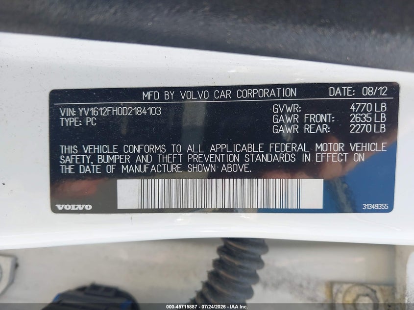 2013 Volvo S60 VIN YV1612FH0D2184103 IAAI salvage auction — FRONT END, Mv-907A (New York), sold $550 on 2026-09-03 (photo 9)
