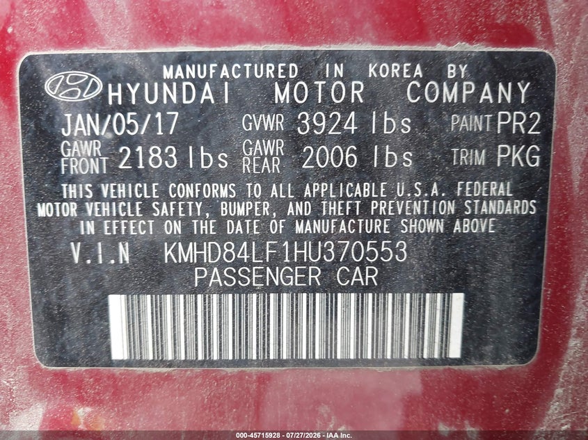 2017 Hyundai Elantra VIN KMHD84LF1HU370553 IAAI salvage auction — REAR END, Clear (New York), sold $25 on 2026-07-30 (photo 9)