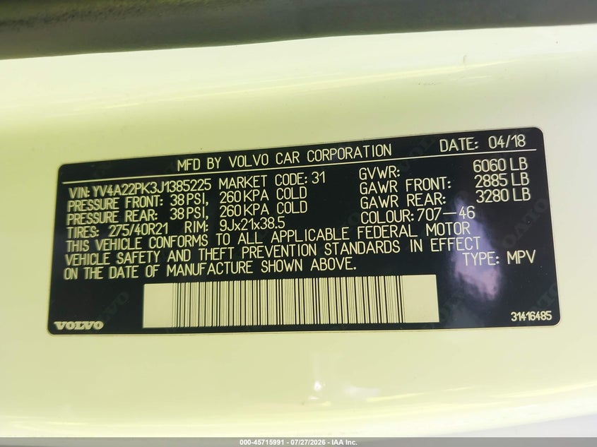 2018 Volvo Xc90 VIN YV4A22PK3J1385225 IAAI salvage auction — NORMAL WEAR, Clear (New York), sold $4,350 on 2026-08-06 (photo 9)