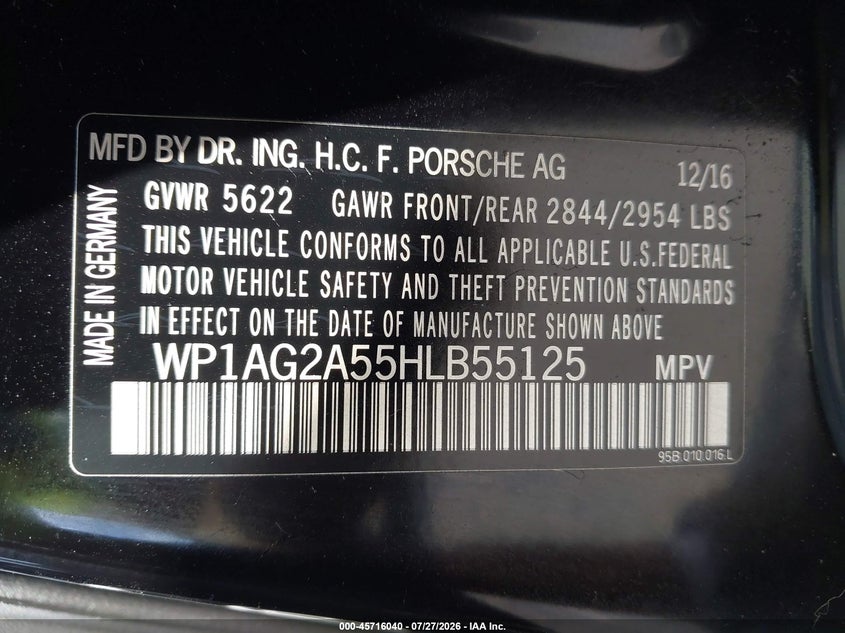 2017 Porsche Macan VIN WP1AG2A55HLB55125 IAAI salvage auction — NORMAL WEAR, Clear (New York), sold $2,350 on 2026-07-30 (photo 9)