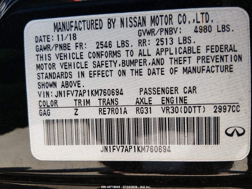 2019 Infiniti Q50 VIN JN1FV7AP1KM760694 IAAI salvage auction — VANDALISM, Salvage Title, sold $8,550 on 2026-08-05 (photo 9)