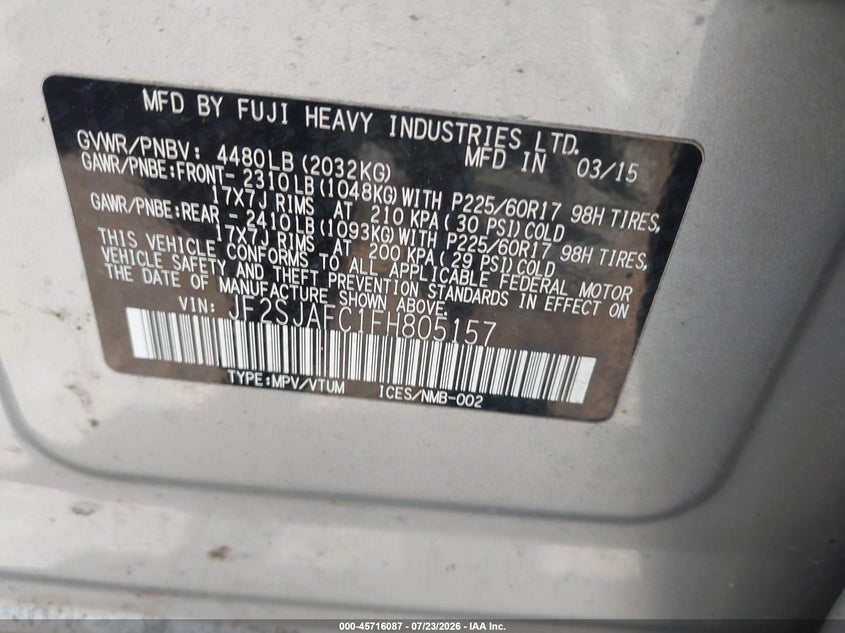 2015 Subaru Forester VIN JF2SJAFC1FH805157 IAAI salvage auction — NORMAL WEAR, Clear (New Jersey), sold $25 on 2026-07-31 (photo 9)