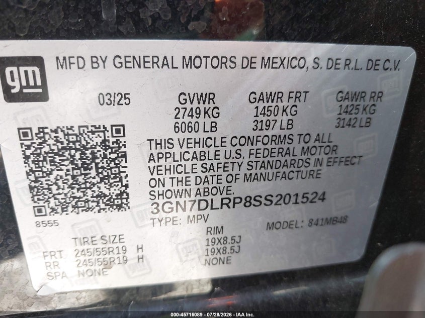 2025 Chevrolet Equinox VIN 3GN7DLRP8SS201524 IAAI salvage auction — FRONT & REAR, Salvage (California), sold $9,600 on 2026-08-22 (photo 9)