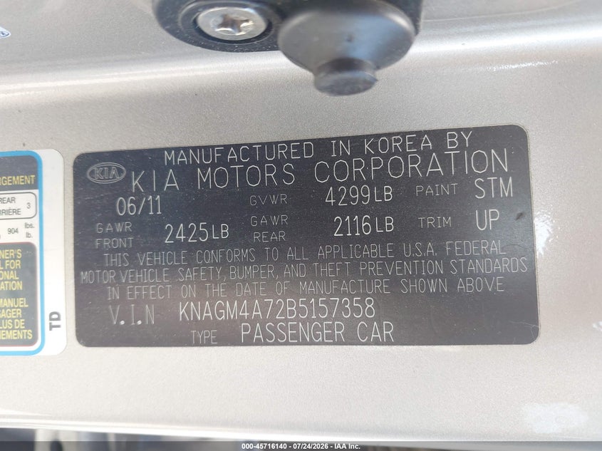 2011 Kia Optima VIN KNAGM4A72B5157358 IAAI salvage auction — REAR END, Salvage (California), sold $550 on 2026-08-01 (photo 9)