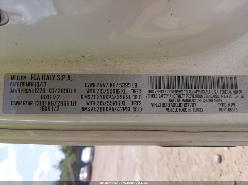 2018 Ram Promaster city VIN ZFBERFAB0J6H97787 IAAI salvage auction — UNKNOWN, Clear (Michigan), sold $25 on 2026-07-28 (photo 9)