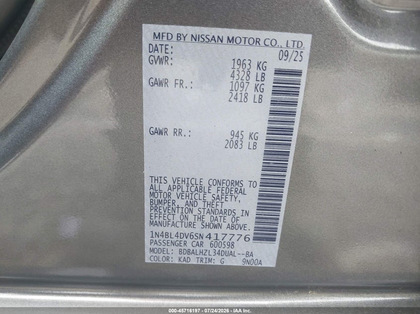 2025 Nissan Altima VIN 1N4BL4DV6SN417776 IAAI salvage auction — REAR END, Wait Title, sold $10,150 on 2026-08-20 (photo 9)