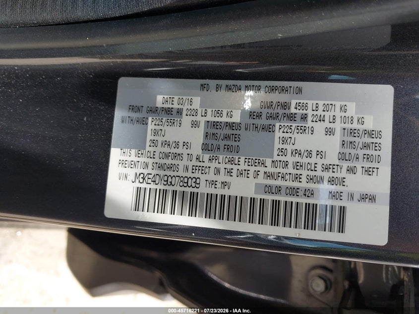 2016 Mazda Cx-5 VIN JM3KE4DY9G0789039 IAAI salvage auction — NORMAL WEAR, Clear (Virginia), sold $5,400 on 2026-07-31 (photo 9)