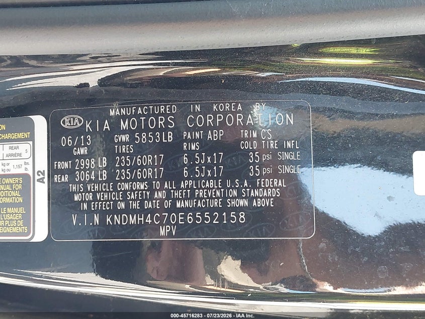 2014 Kia SEDONA VIN KNDMH4C70E6552158 IAAI salvage auction — NORMAL WEAR, Clear (Florida), sold $675 on 2026-07-29 (photo 9)