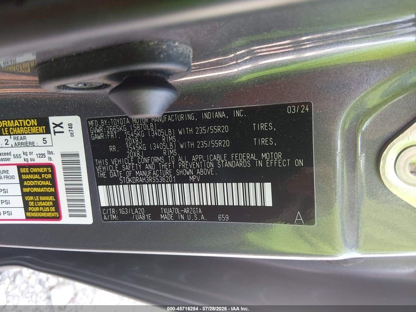 2024 Toyota Highlander VIN 5TDKDRAH3RS536201 IAAI salvage auction — FRONT END, Salvage Title, sold $14,800 on 2026-08-22 (photo 9)