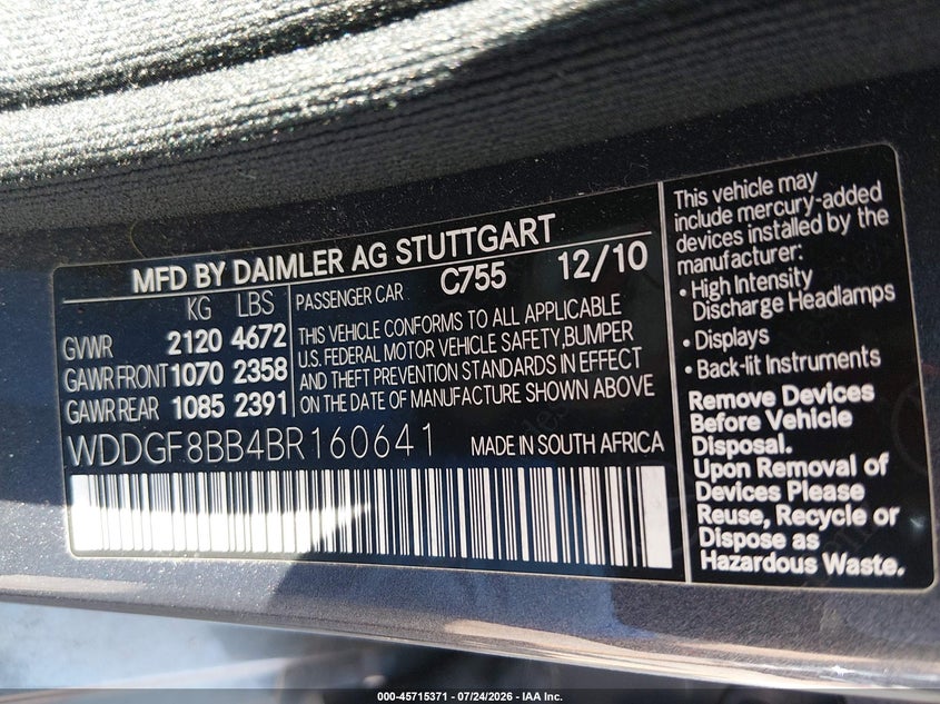 2011 Mercedes-benz C class VIN WDDGF8BB4BR160641 IAAI salvage auction — REAR END, Salvage (Pennsylvania), sold $1,200 on 2026-08-13 (photo 9)
