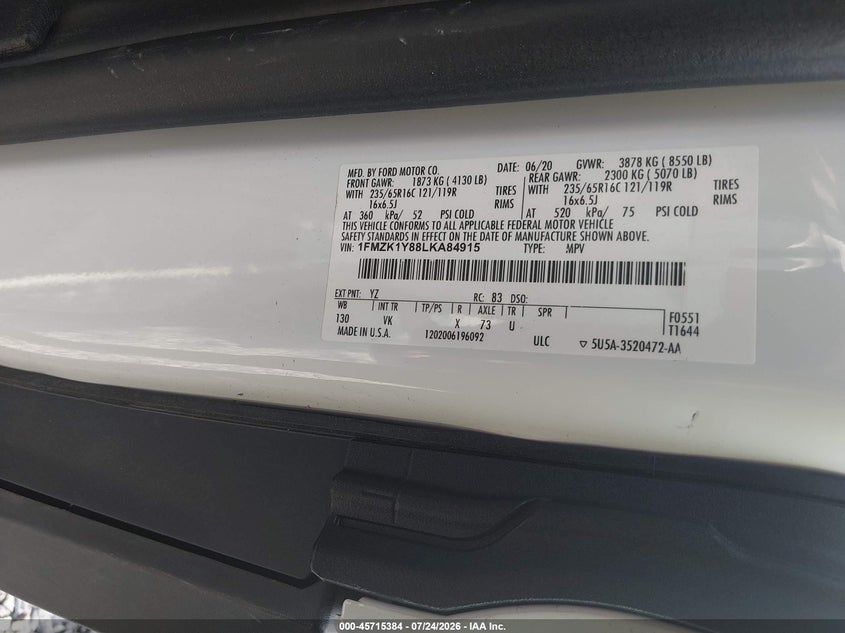2020 Ford Transit 150 VIN 1FMZK1Y88LKA84915 IAAI salvage auction — NORMAL WEAR, Sf97 (New York), sold $17,250 on 2026-08-20 (photo 9)