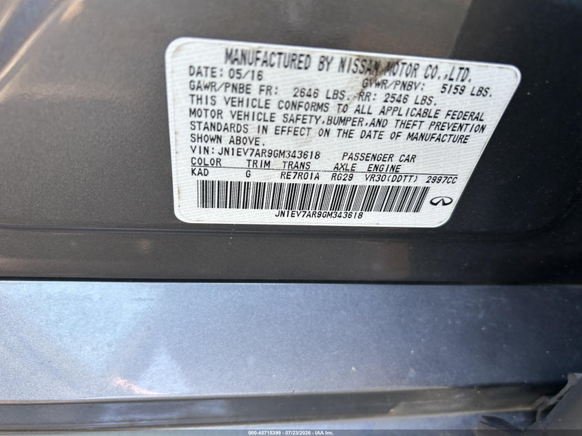 2016 Infiniti Q50 VIN JN1EV7AR9GM343618 IAAI salvage auction — NORMAL WEAR, Clear-Dealer Only (North Carolina), sold $25 on 2026-07-29 (photo 9)