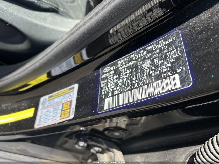 2018 Hyundai Kona VIN KM8K53A57JU095118 IAAI salvage auction — NORMAL WEAR, Clear-Dealer Only (North Carolina), sold $25 on 2026-07-27 (photo 9)