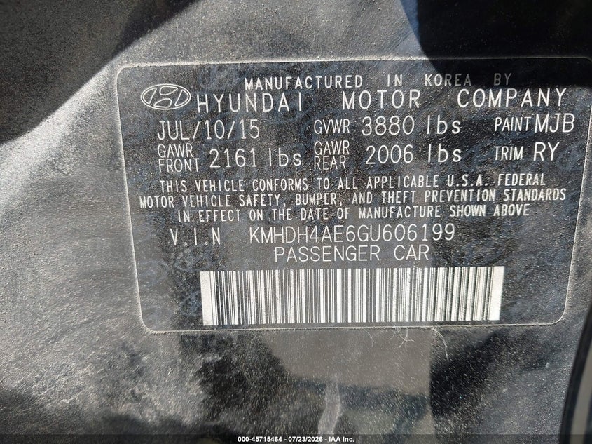2016 Hyundai Elantra VIN KMHDH4AE6GU606199 IAAI salvage auction — NORMAL WEAR, Rental Rides - Enterprise (New Hampshire), sold $25 on 2026-07-29 (photo 9)