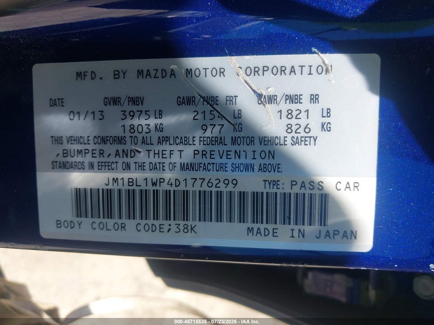 2013 Mazda 3 VIN JM1BL1WP4D1776299 IAAI salvage auction — NORMAL WEAR, Clear - Dealer Only (California), sold $375 on 2026-07-30 (photo 9)