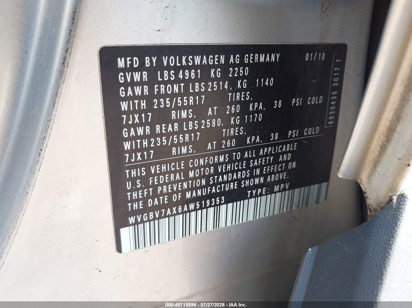 2010 Volkswagen Tiguan VIN WVGBV7AX6AW519353 IAAI salvage auction — NORMAL WEAR, Clear (New Jersey), sold $225 on 2026-08-05 (photo 9)