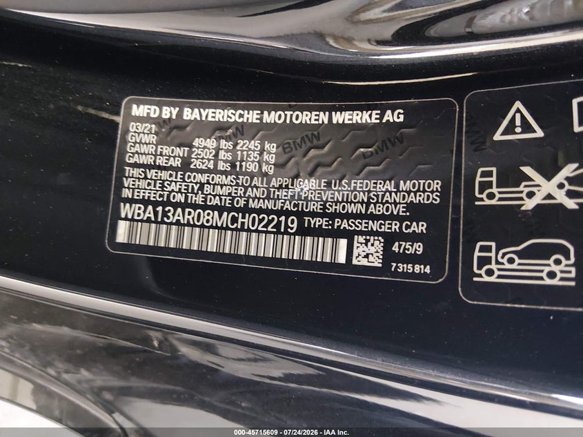 2021 BMW 4er VIN WBA13AR08MCH02219 IAAI salvage auction — FRONT & REAR, Wait Title, sold $11,400 on 2026-08-20 (photo 9)