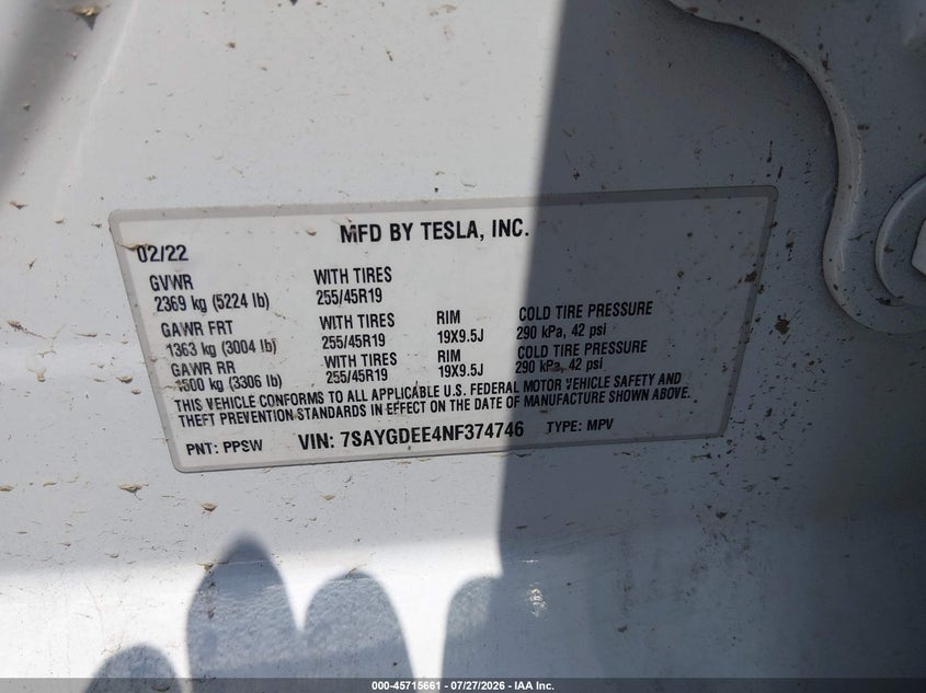 2022 Tesla Model y VIN 7SAYGDEE4NF374746 IAAI salvage auction — RIGHT SIDE, Wait Title, sold $12,500 on 2026-09-01 (photo 9)