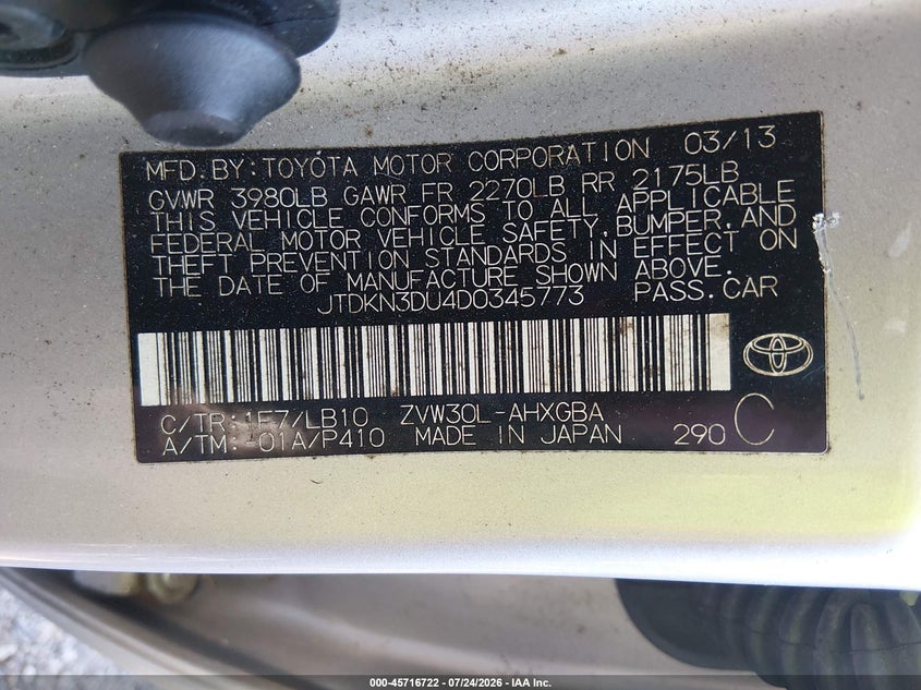 2013 Toyota Prius VIN JTDKN3DU4D0345773 IAAI salvage auction — NORMAL WEAR, Clear (Rhode Island), sold $225 on 2026-07-28 (photo 9)