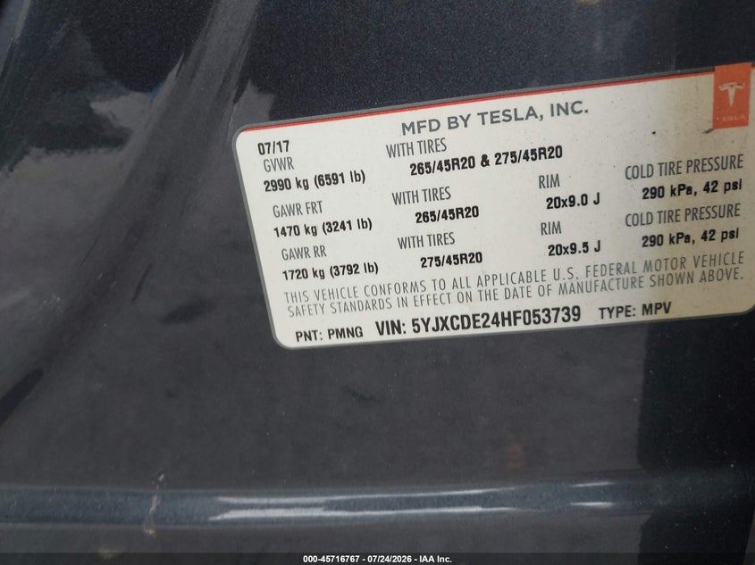 2017 Tesla Model x VIN 5YJXCDE24HF053739 IAAI salvage auction — SIDE, Wait Title, sold $5,200 on 2026-09-03 (photo 9)