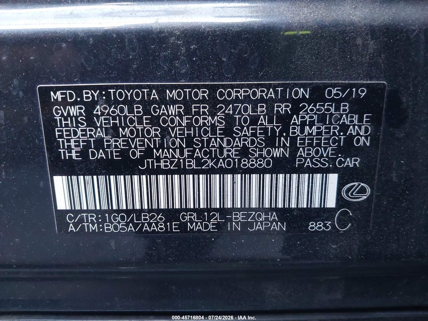 2019 Lexus Gs VIN JTHBZ1BL2KA018880 IAAI salvage auction — REAR END, Wait Title, sold $9,300 on 2026-08-26 (photo 9)