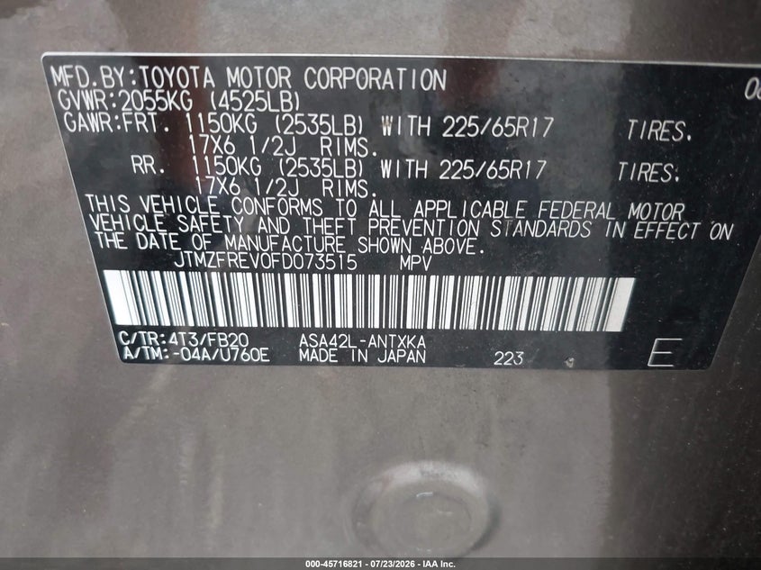 2015 Toyota Rav4 VIN JTMZFREV0FD073515 IAAI salvage auction — NORMAL WEAR, Clear (North Carolina), sold $3,150 on 2026-07-31 (photo 9)