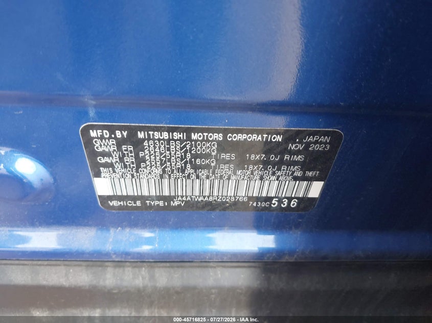 2024 Mitsubishi Eclipse cross VIN JA4ATWAA8RZ028766 IAAI salvage auction — FRONT END, Salvage Title, sold $7,500 on 2026-08-30 (photo 9)
