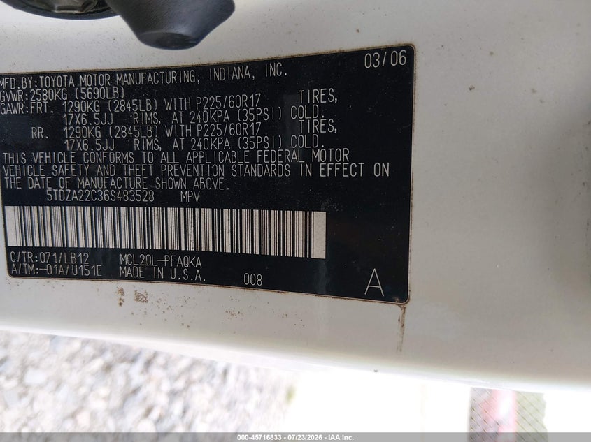 2006 Toyota Sienna VIN 5TDZA22C36S483528 IAAI salvage auction — NORMAL WEAR, Clear (Georgia), sold $25 on 2026-07-31 (photo 9)