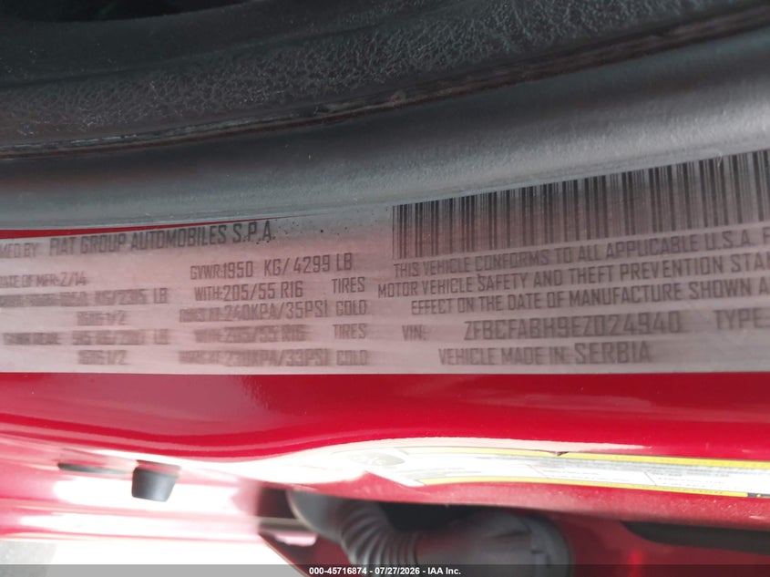 2014 Fiat 500l VIN ZFBCFABH9EZ024940 IAAI salvage auction — REAR END, Salvage Certificate (California), sold $925 on 2026-08-05 (photo 9)