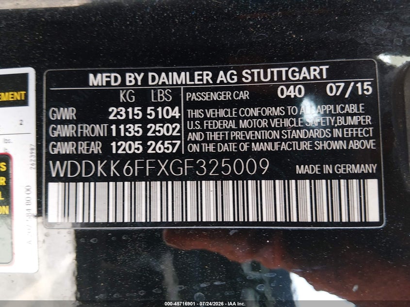 2016 Mercedes-benz E-klasse VIN WDDKK6FFXGF325009 IAAI salvage auction — FRONT END, Wait Title, sold $2,475 on 2026-08-18 (photo 9)