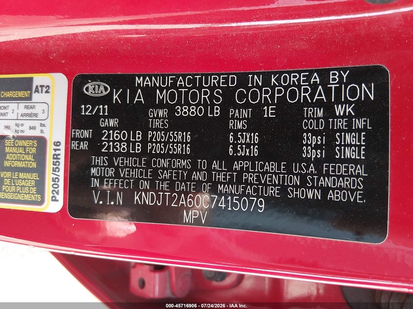 2012 Kia Soul VIN KNDJT2A60C7415079 IAAI salvage auction — NORMAL WEAR, Clear (Tennessee), sold $175 on 2026-07-29 (photo 9)
