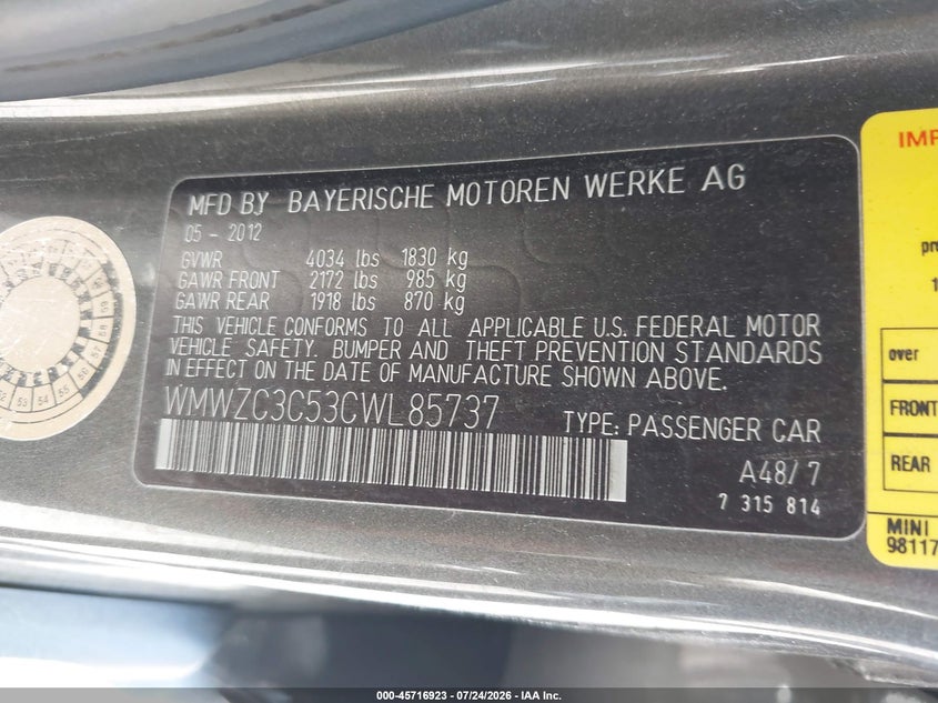 2012 Mini VIN WMWZC3C53CWL85737 IAAI salvage auction — NORMAL WEAR, Clear - Dealer Only (California), sold $325 on 2026-08-05 (photo 9)