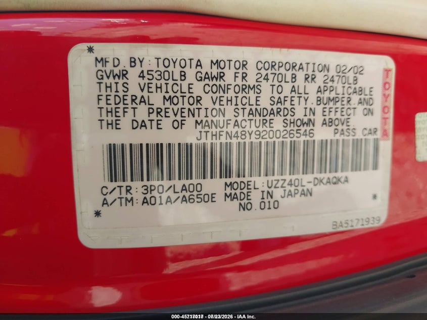 2002 Lexus Sc 430 VIN JTHFN48Y920026546 IAAI salvage auction — FRONT END, Salvage (Texas), sold $25 on 2026-07-29 (photo 9)