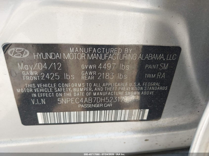 2013 Hyundai Sonata VIN 5NPEC4AB7DH523173 IAAI salvage auction — NORMAL WEAR, Clear (Maryland), sold $25 on 2026-07-29 (photo 9)