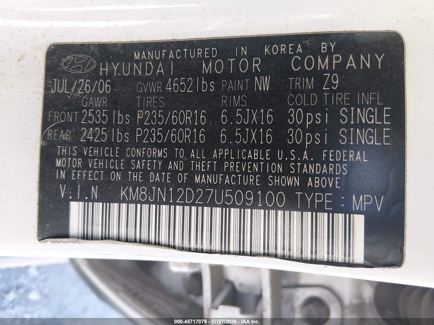 2007 Hyundai Tucson VIN KM8JN12D27U509100 IAAI salvage auction — NORMAL WEAR, Regular (Nevada), sold $225 on 2026-07-31 (photo 9)