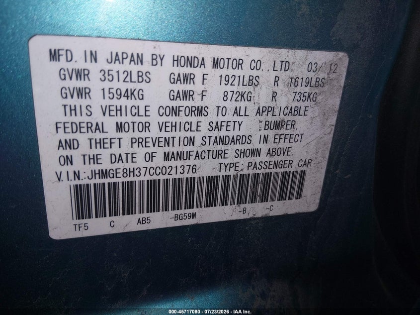 2012 Honda Fit VIN JHMGE8H37CC021376 IAAI salvage auction — NORMAL WEAR, Clear (Minnesota), sold $25 on 2026-07-29 (photo 9)