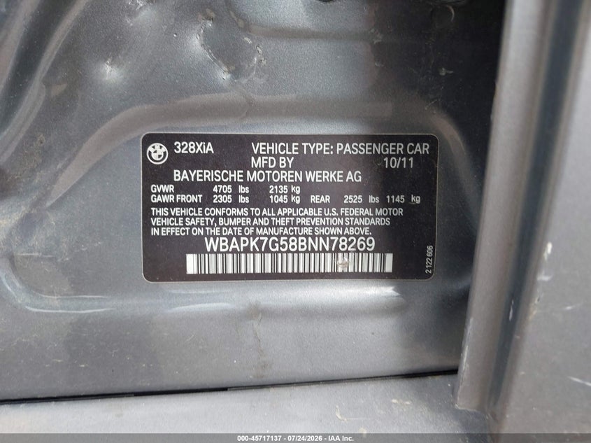 2011 BMW 3 series VIN WBAPK7G58BNN78269 IAAI salvage auction — REAR END, Prior Salvage (Minnesota), sold $1,450 on 2026-08-03 (photo 9)