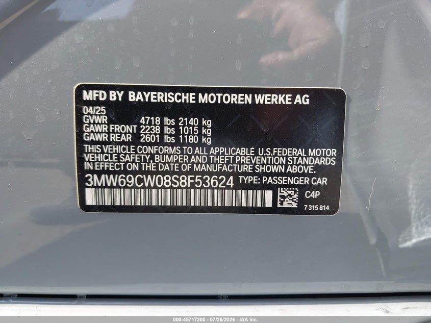 2025 BMW 3er VIN 3MW69CW08S8F53624 IAAI salvage auction — RIGHT FRONT, Salvage (California), sold $19,250 on 2026-08-31 (photo 9)