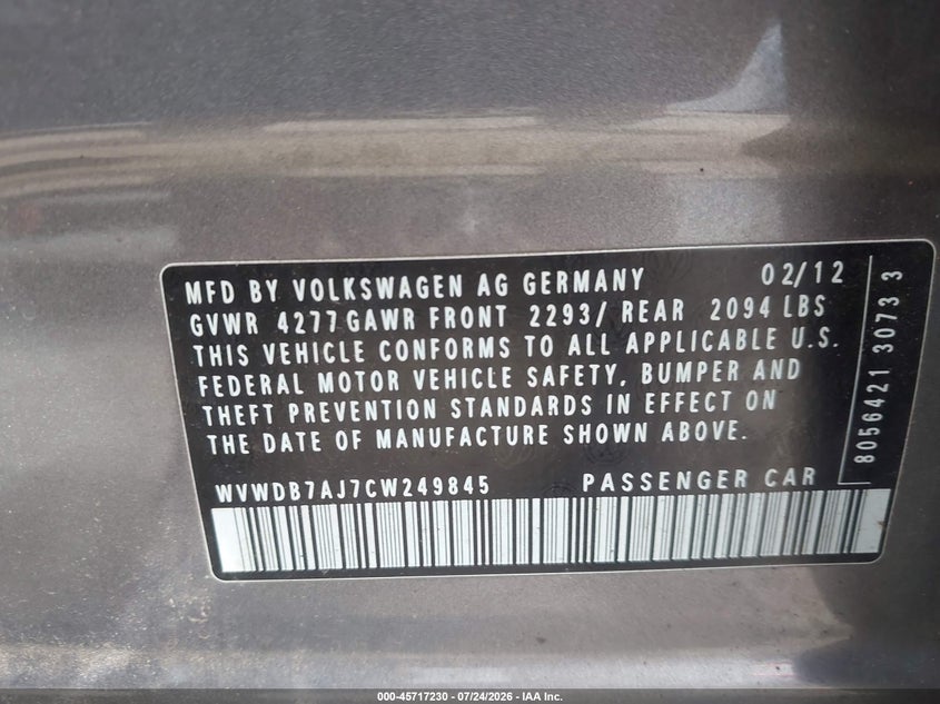 2012 Volkswagen Golf VIN WVWDB7AJ7CW249845 IAAI salvage auction — NORMAL WEAR, Original (Ohio), sold $925 on 2026-08-04 (photo 9)