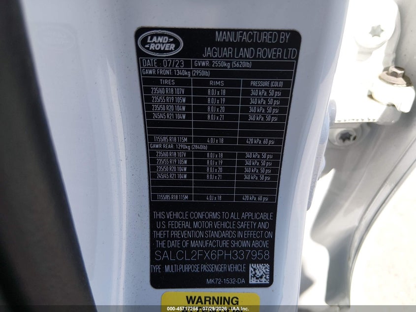 2023 Land rover Discovery sport VIN SALCL2FX6PH337958 IAAI salvage auction — REAR END, Salvage (California), sold $12,050 on 2026-09-03 (photo 9)