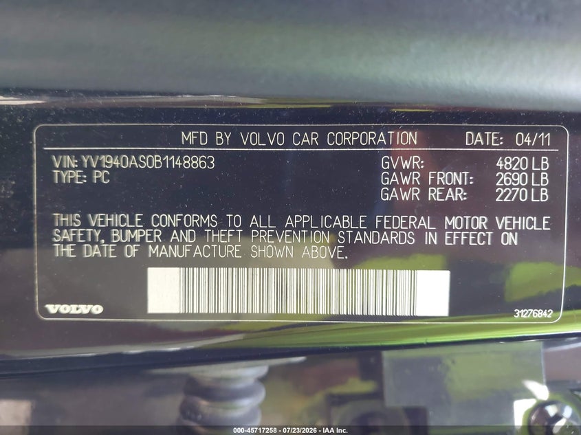 2011 Volvo S80 VIN YV1940AS0B1148863 IAAI salvage auction — NORMAL WEAR, Original (Ohio), sold $300 on 2026-08-06 (photo 9)