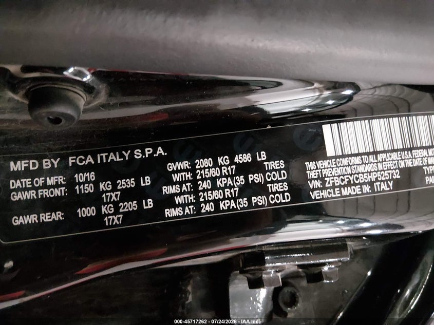 2017 Fiat 500x VIN ZFBCFYCB5HP525732 IAAI salvage auction — RIGHT FRONT, Wait Title, sold $1,050 on 2026-08-13 (photo 9)