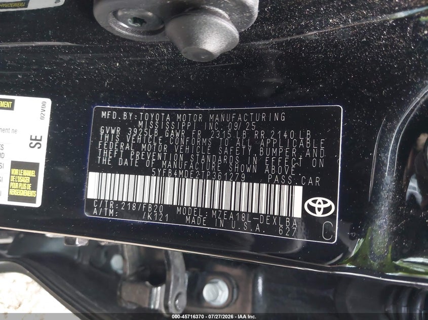 2026 Toyota Corolla VIN 5YFB4MDE2TP361279 IAAI salvage auction — FRONT END, Enterprise Vehicles Clear Only (Illinois), sold $10,800 on 2026-07-30 (photo 9)