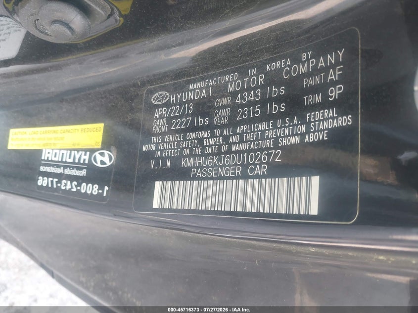 2013 Hyundai Genesis VIN KMHHU6KJ6DU102672 IAAI salvage auction — FRONT END, Clear (Virginia), sold $200 on 2026-07-31 (photo 9)
