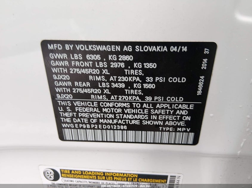 2014 Volkswagen Touareg VIN WVGEP9BP2ED012386 IAAI salvage auction — NORMAL WEAR, Salvage Title, sold $3,175 on 2026-08-04 (photo 9)