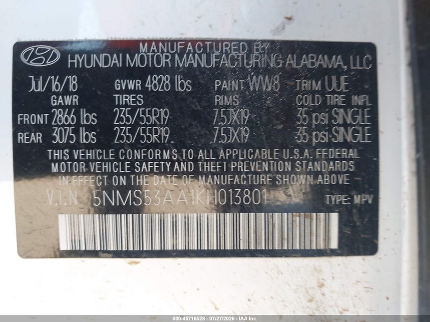 2019 Hyundai Santa fe VIN 5NMS53AA1KH013801 IAAI salvage auction — FRONT END, Salvage (Texas), sold $2,875 on 2026-08-29 (photo 9)