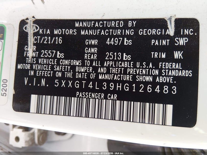2017 Kia Optima VIN 5XXGT4L39HG126483 IAAI salvage auction — NORMAL WEAR, Clear-Dealer Only (Arizona), sold $625 on 2026-07-28 (photo 9)