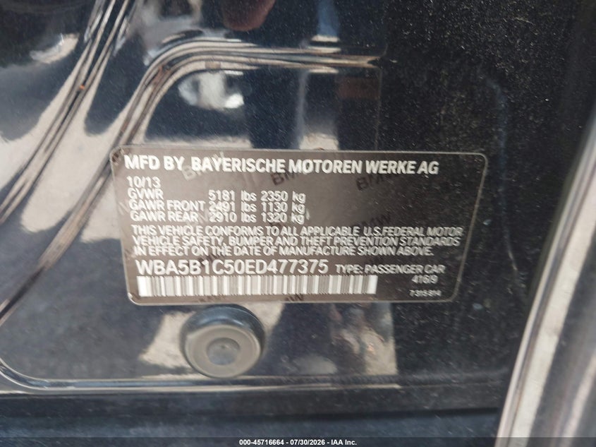 2014 BMW 5er VIN WBA5B1C50ED477375 IAAI salvage auction — NORMAL WEAR, Original (Texas), sold $2,475 on 2026-08-12 (photo 9)